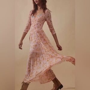 Free People-NWT It’s Fate-Floral-Midi Dress-Powder Pink-Fairy-Cottage-Bohemian-M